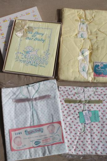 vintage babies layette gift set, unused cotton kimono infant gowns & baby record book