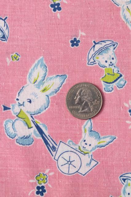 vintage baby animals print cotton feed sack fabric, bunnies w/ toy wagons, parasol umbrellas