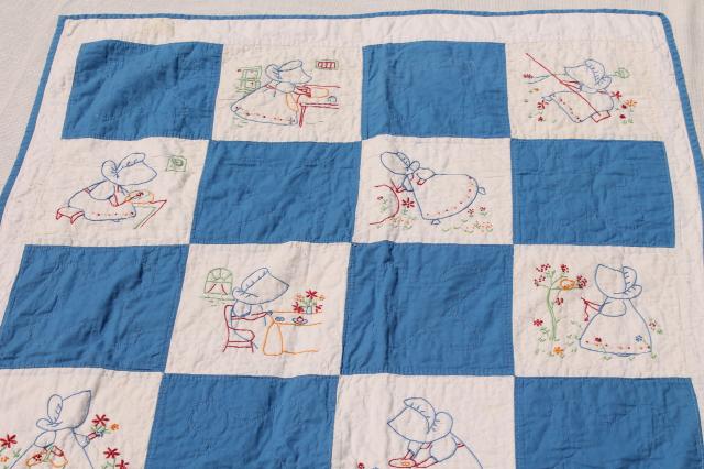 vintage baby crib quilts w/ hand stitched embroidered blocks, sunbonnet girl & children