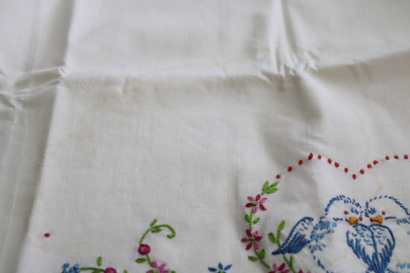 vintage baby pillow case  crib sheet, hand embroidered cotton hearts  happy bluebirds