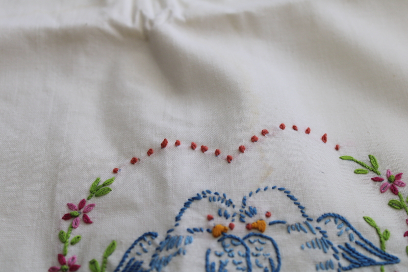 vintage baby pillow case  crib sheet, hand embroidered cotton hearts  happy bluebirds
