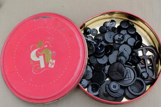 vintage bakelite buttons & buckles, lot of huge black bakelite coat buttons etc.