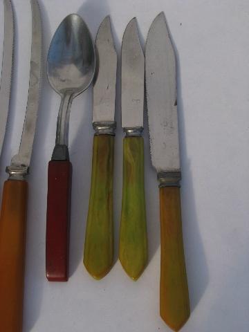 vintage bakelite flatware lot, red / green / yellow catalin handles