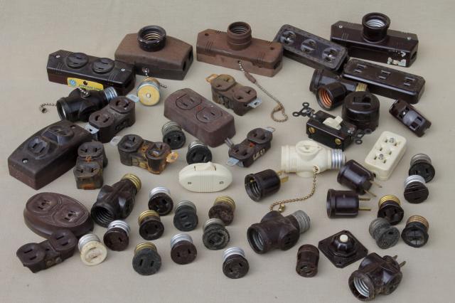 vintage bakelite hardware lot, antique electrical outlets & switches, industrial salvage & old stock