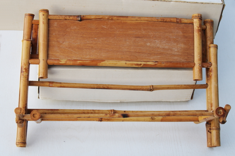 vintage bamboo shelf, folding wall rack w/ towel bar for small kitchen or bath storage