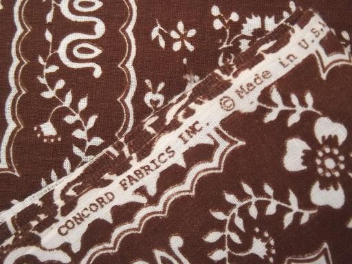 vintage bandana print cotton fabric, brown & white broadcloth hippie / prairie style 