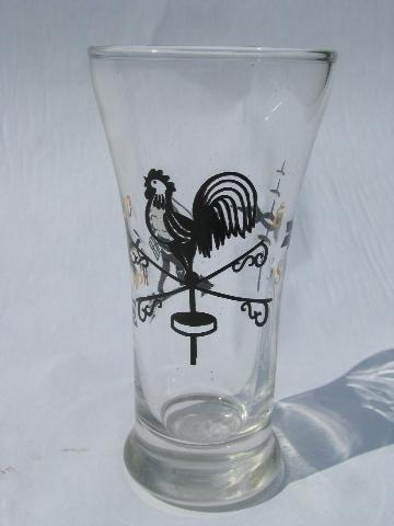 vintage bar glasses, vintage Libbey folk art rooster weather vane / indian pattern