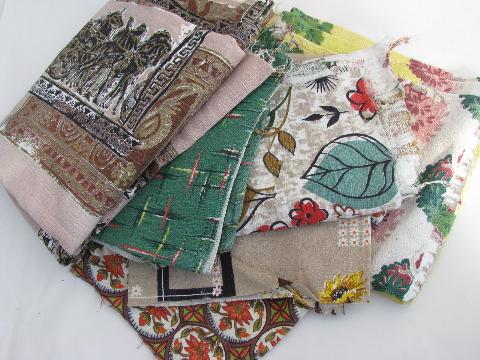 vintage barkcloth fabric remnants, pieces, scraps lot, great retro prints