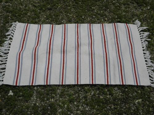 vintage barn red / indigo blue woven stripe fringed cotton throw rug