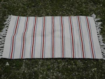 vintage barn red / indigo blue woven stripe fringed cotton throw rug