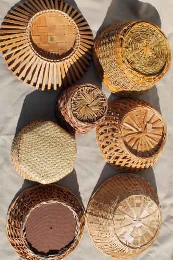 vintage basket collection, lot of round basket bowls of different types & textures