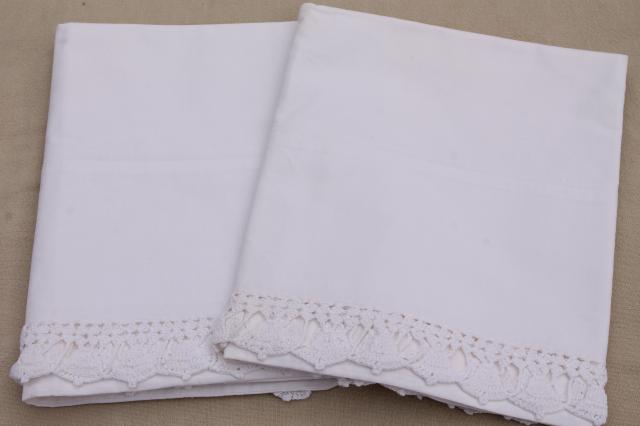 vintage bed linens w/ handmade crochet lace, cotton sheets & pillowcases w/ wedding bells edging