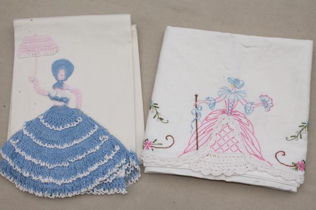 vintage bedding, bed linens lot embroidered cotton sheets & pillowcases w/ crochet