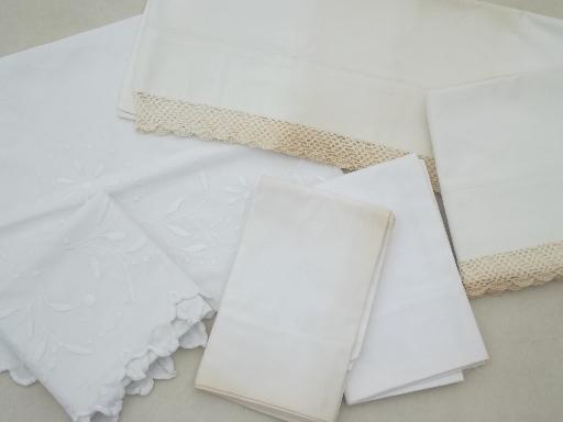 vintage bedding lot, cotton pillowcases w/ lace, whitework embroidery