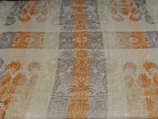 vintage bedspreads to layer, fringed rayon coverlets w/ geishas, brocade