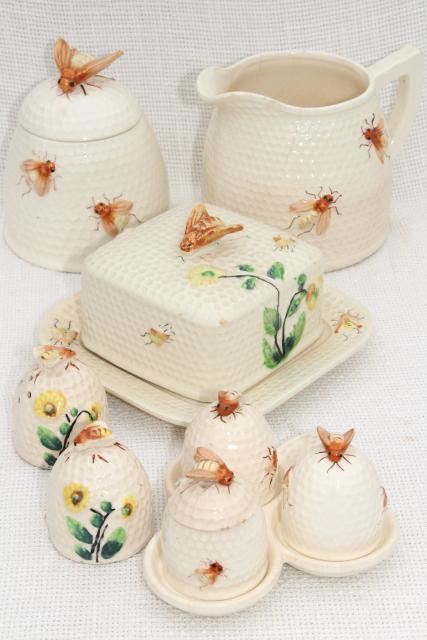 vintage beeware w/ ceramic bees, bee skep jam jar pot, comb honey box or butter dish, milk jug pitcher