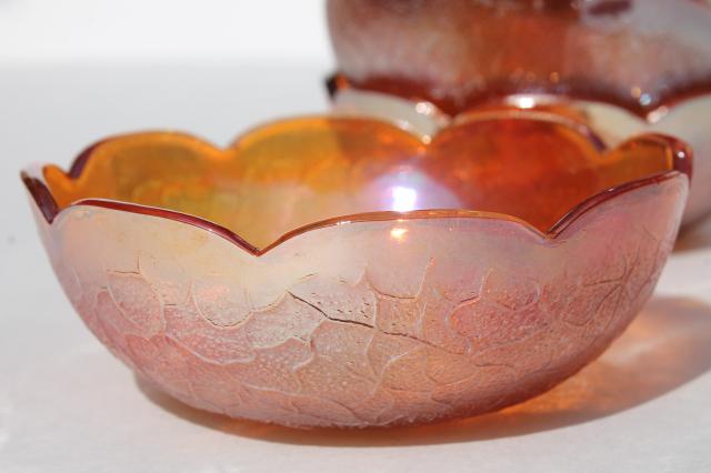 vintage berry bowls set, Jeannette crackle pattern glass w/ marigold carnival color