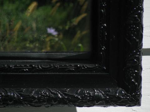 vintage black lacquer mirror shadowbox shelf, ornate antique Victorian frame