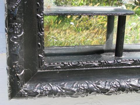 vintage black lacquer mirror shadowbox shelf, ornate antique Victorian frame