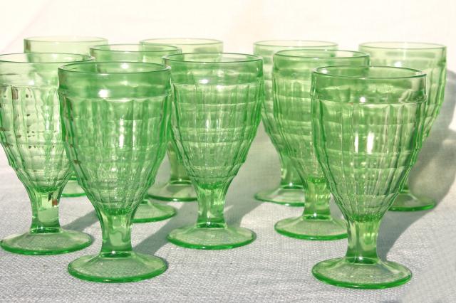 vintage block optic glass water goblets or wine glasses, green depression uranium glass