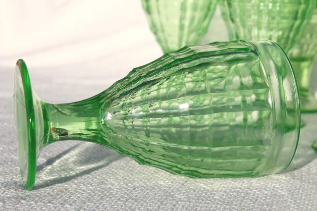 vintage block optic glass water goblets or wine glasses, green depression uranium glass