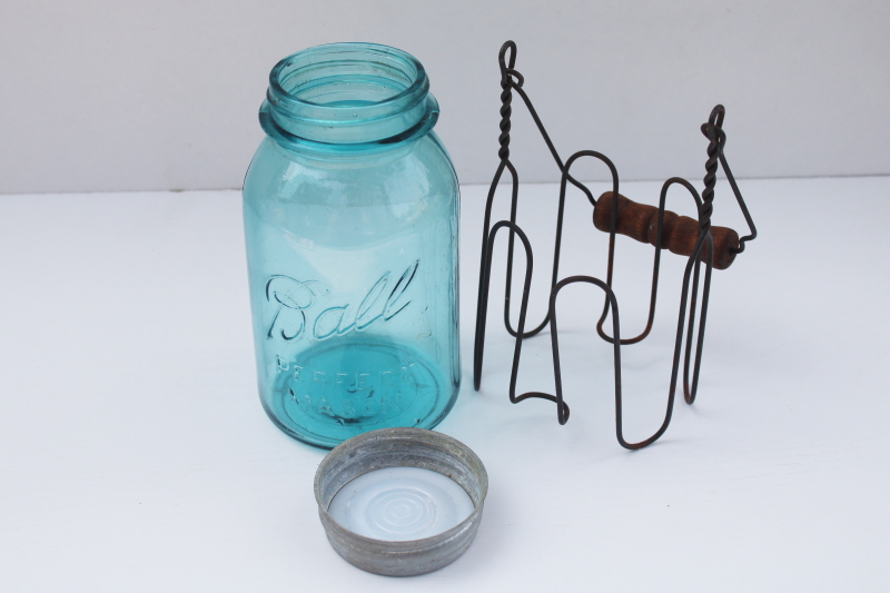 vintage blue Ball Mason jar w/ zinc lid, primitive style wire jar carrier w/ wood handle