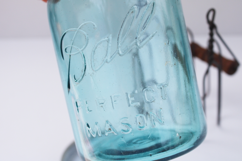 vintage blue Ball Mason jar w/ zinc lid, primitive style wire jar carrier w/ wood handle