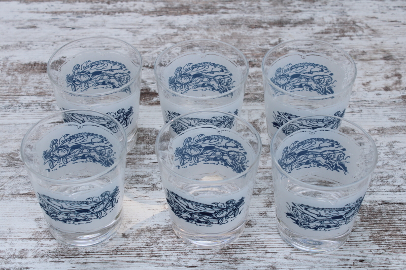 vintage blue and white Currier Ives print old fashioned glasses, Jeannette glass lowball tumblers set