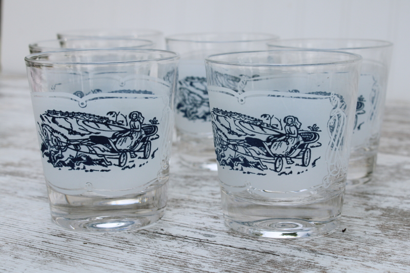 vintage blue and white Currier Ives print old fashioned glasses, Jeannette glass lowball tumblers set