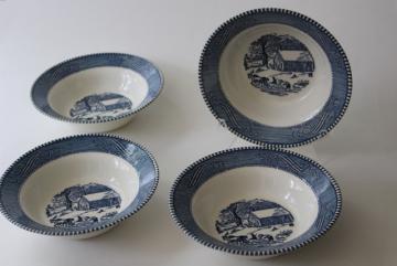 vintage blue and white china Currier & Ives cereal bowls, old schoolhouse winter scene