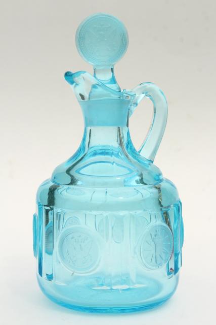vintage blue glass Fostoria coin glass cruet bottle, pitcher & stopper
