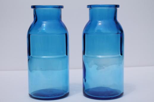 vintage blue glass canister jars, apothecary jar type Wheaton bottles