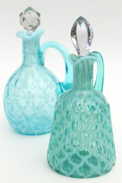 vintage blue green opalescent glass cruets, fern & lattice pattern glass