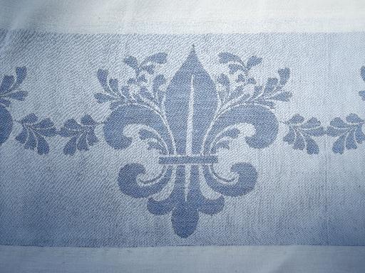 vintage blue jacquard border damask tablecloth lot, french fleur de lis etc.