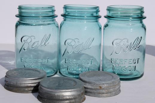 vintage blue mason jar, old Ball jars w/ zinc lids,  lot of 6  Perfect Mason pint jars