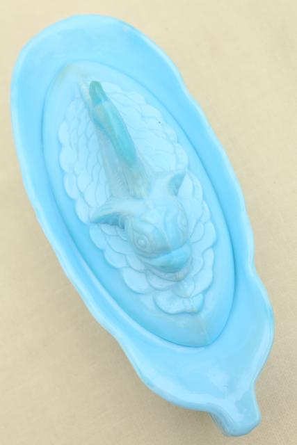 vintage blue milk glass dolphin pattern glass box, candy dish or covered bowl