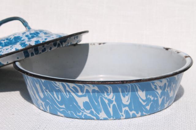 vintage blue swirl enamelware, skillet frying pan & deep dish plate w/ cover