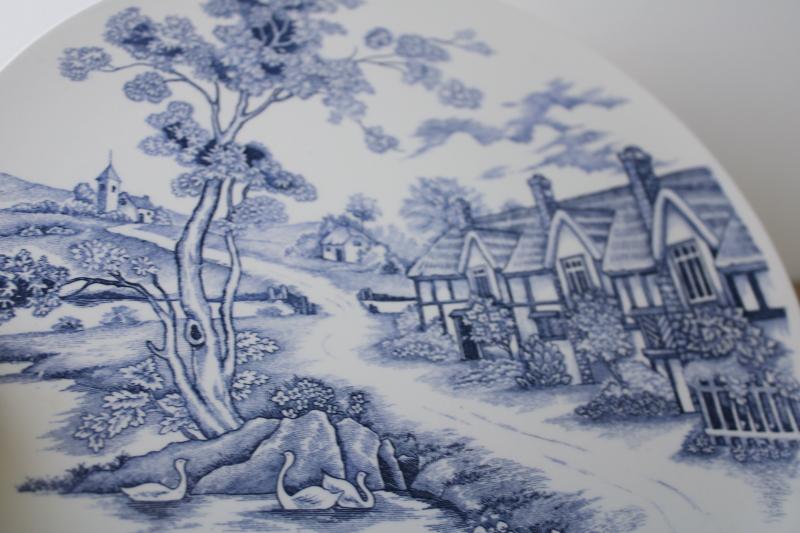 vintage blue & white china cake stand, pedestal plate Country Lane cottage scene