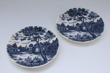 vintage blue white china plates English Village pattern made in Japan, toile style print