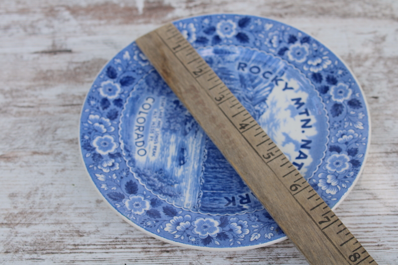 vintage blue white china souvenir plate, Rocky Mountain National Park Bear Lake Longs Peak Colorado