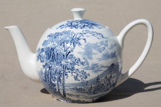 vintage blue & white china tea pot, Wedgwood Countryside pattern
