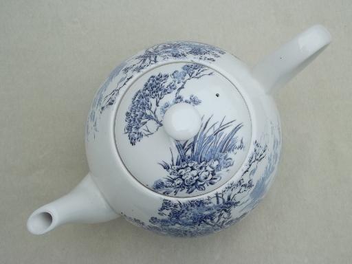vintage blue & white china tea pot, Wedgwood Countryside pattern