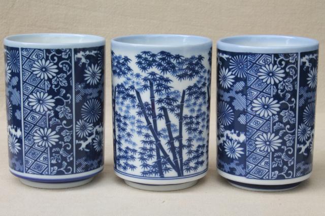 vintage blue & white china tumblers, Japanese ceramic tea glasses w/ bamboo print