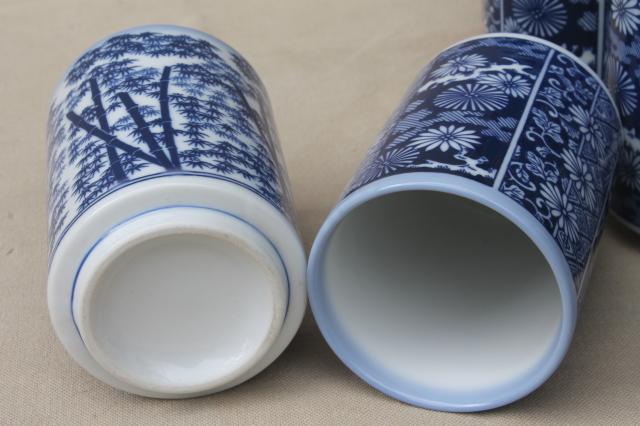 vintage blue & white china tumblers, Japanese ceramic tea glasses w/ bamboo print