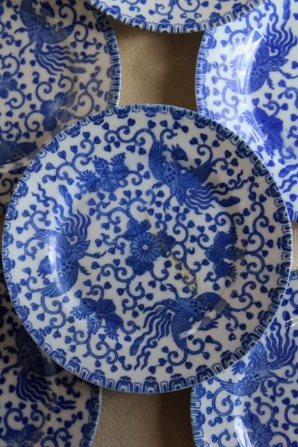 vintage blue & white chinoiserie china plates, phoenix bird hand painted Japan 