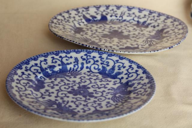 vintage blue & white chinoiserie china plates, phoenix bird hand painted Japan 