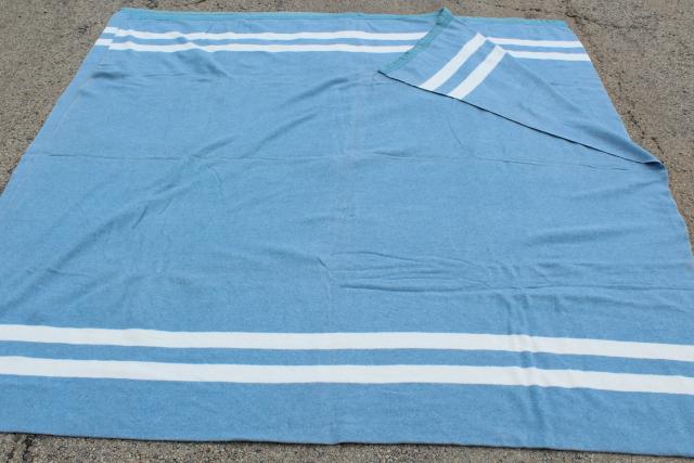 vintage blue & white cotton / rayon camp blanket, double long fold over bunk blanket