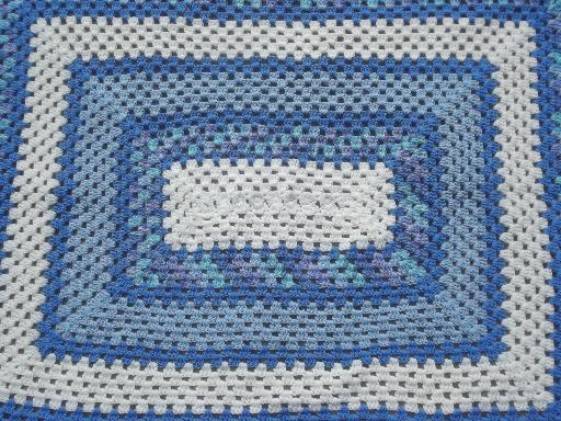 vintage blue & white crochet afghan, huge crocheted granny square blanket