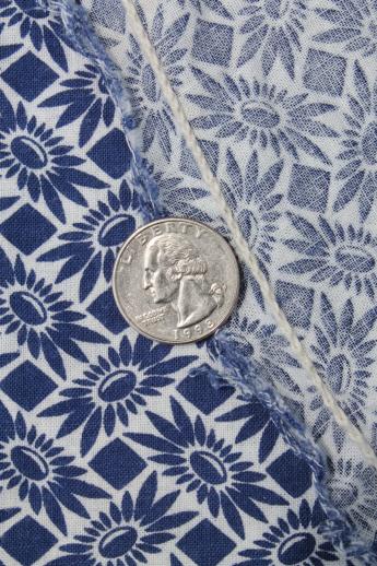 vintage blue & white print cotton feedsack fabric, sewn sack w/ original chain stitching