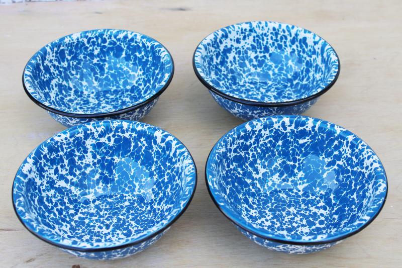 vintage blue & white splatter enamelware camp bowls, big deep stew or chili bowl set of 4 